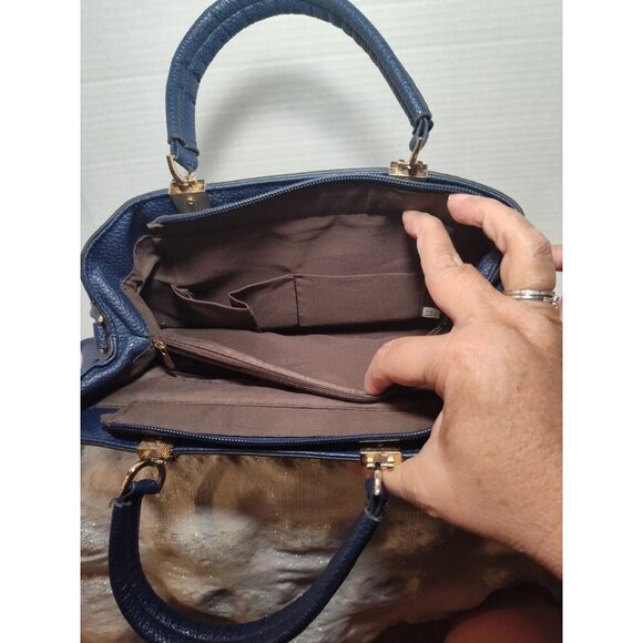 Danbaoly Women's Navy Tote Handbag Faux Leather‎ Gold hardware Brown lining - Picture 7 of 14